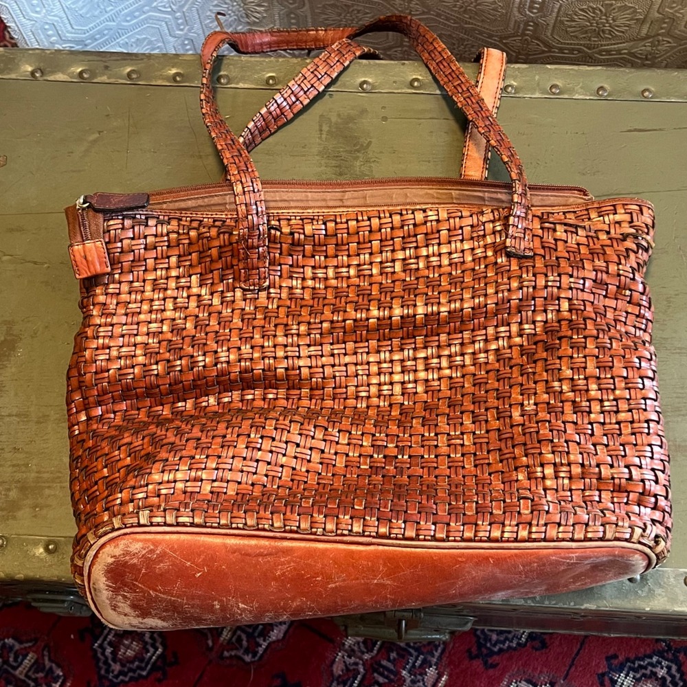 Talbots Woven Leather Tote Bag Cognac Brown Shoulder Bag Zip Top Large Pocket